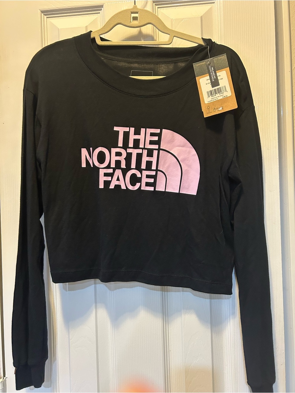 NWT The North Face Black Long-Sleeve Crop Tee with Pink Logo